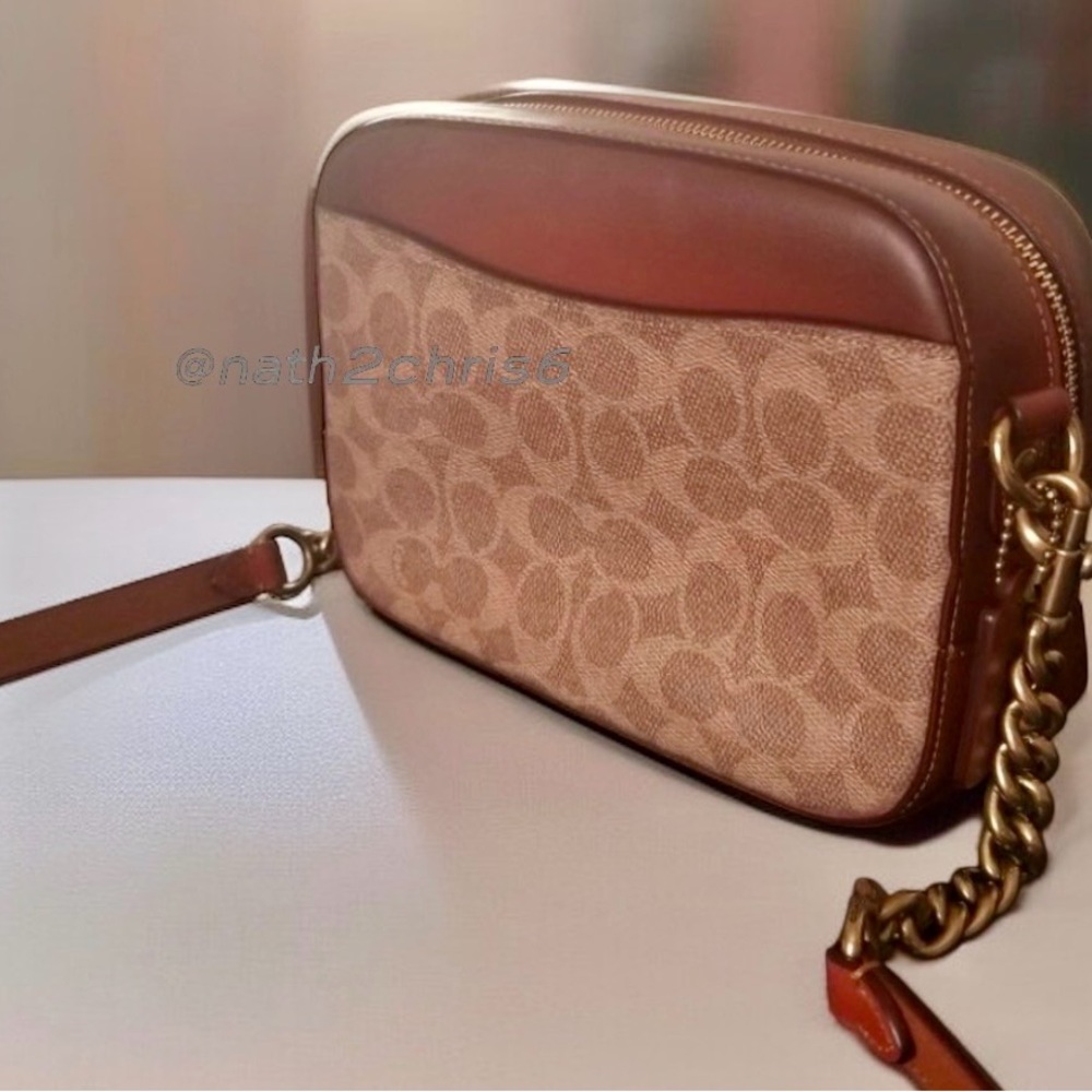 COACH Logo Print & Leather Camera Bag in Brown/Rust Burnished leather. - Picture 2 of 16
